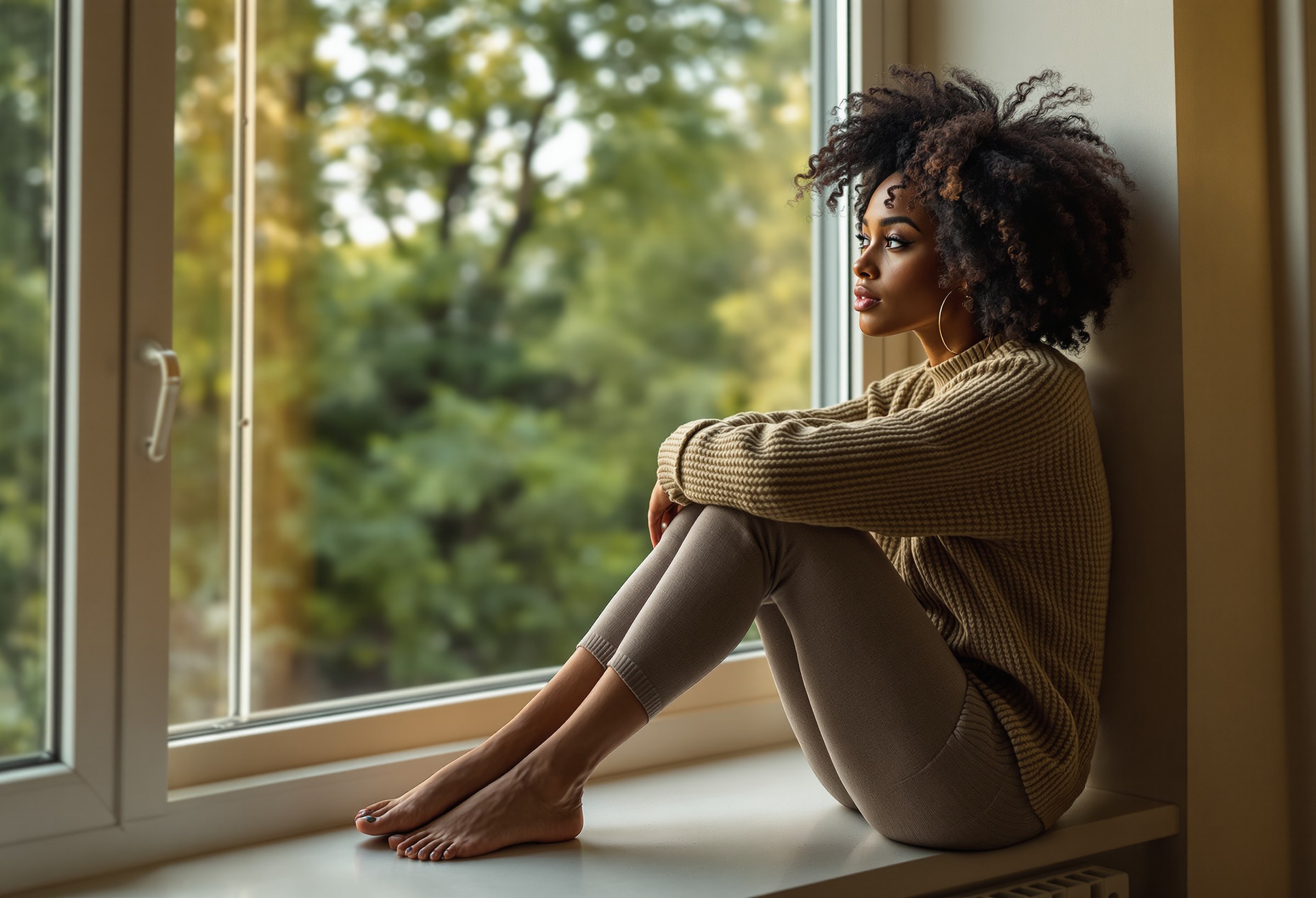 A Black woman in an olive sweater sits on a wide window sill in the late afternoon light, knees drawn up, looking out at the trees.